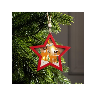 Ёлочная игрушка «Красная звезда с оленями», 10×10×1 см, 3 LED, от батареек, свечение тёплое белое