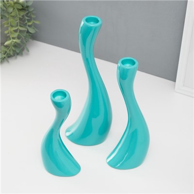 Подсвечник на 1 свечу «Волна», набор 3 шт., d=2.5 см, бирюза, h=20; 25; 30 см