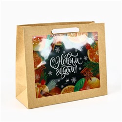 Пакет подарочный новогодний крафтовый с пластиковым окном «С Новым годом», 31×26×11 см