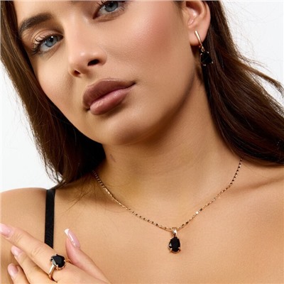 Комплект ювелирной бижутерии коллекция "Дубай" серьги, кулон и кольцо 17 р, покрытие позолота, вставка: стекло, цвет: черный, арт.414.325-17