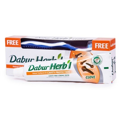Dabur Herb'l Toothpaste Clove with Toothbrush/Дабур Зубная Паста Защита Полости Рта с Гвоздикой + Зубная Щётка Ср. Жесткости  150г.