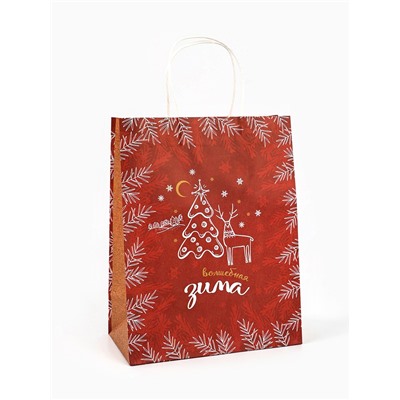 Пакет бумажный подарочный новогодний крафт «Волшебная зима» 27×21×11 см