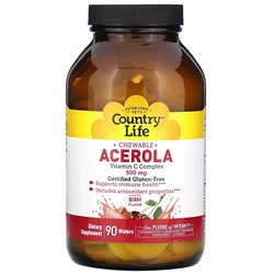 Country Life, ацерола в жевательной форме, комплекс витамина C, со вкусом ягод, 500 мг, 90 жевательных таблеток