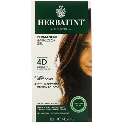Herbatint, Permanent  Haircolor Gel, 4D, Golden Chestnut, 4.56 fl oz (135 ml)