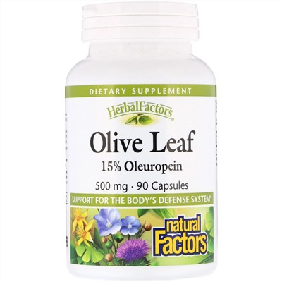 Natural Factors, Herbal Factors, листья оливкового дерева, 500 мг, 90 капсул