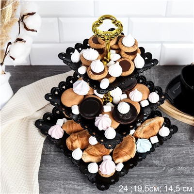 Ваза для фруктов 3-х ярусная 15/20/25 Квадрат черная / D-1265 /уп 100/ Пластик