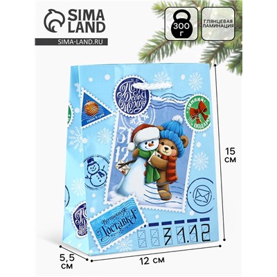 Пакет подарочный новогодний ламинированный «Новогодняя посылка», S 12×15×5.5 см