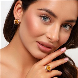 Комплект ювелирной бижутерии коллекция "Дубай" с крупным камнем серьги и кольцо 20 р, покрытие позолота, вставка: фианиты и эмаль, цвет: желтый и черный, Уценка, арт. 08.3329 (215.327-20)
