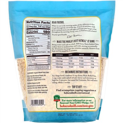 Bob's Red Mill, Organic Extra Thick Rolled Oats, Whole Grain, 32 oz (907 g)