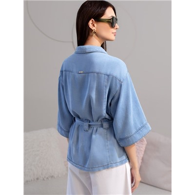 Удлиненная блузка с поясом и карманами из джинсового лиоцелла