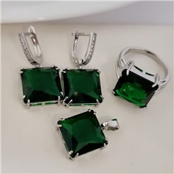 Комплект ювелирной бижутерии серьги, кулон и кольцо 19 р, покрытие посеребрение, вставка: фианит, цвет: зеленый, арт.313.146-19
