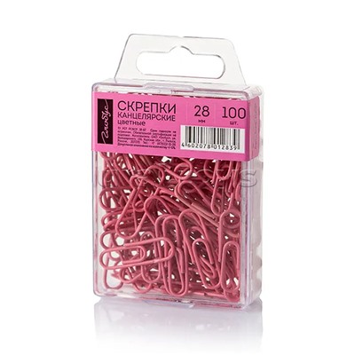 Скрепки L28 мм 100 шт., пластик. коробка, европодвес, розовые