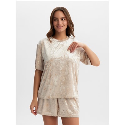 Пижама женская (футболка, шорты) KAFTAN Velvet, размер 44-46, бежевая