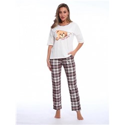 Пижама женская с удлиненной футболкой и брюками в клетку, Арт. 518 (Бежевый/клетка)