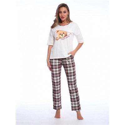 Пижама женская с удлиненной футболкой и брюками в клетку, Арт. 518 (Бежевый/клетка)