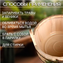 Шайка-таз из липы, 10 л, двуручная, пластиковая вставка, нержавеющий обруч, "Еловая ветка"