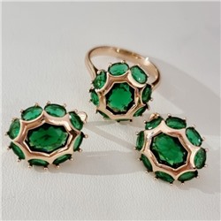 Комплект ювелирной бижутерии коллекция "Дубай" серьги и кольцо 20 р, покрытие позолота, вставка: стекло, цвет: зеленый, арт.215.569-20