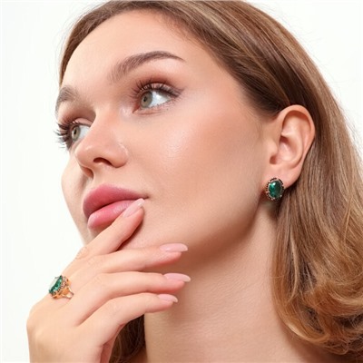 Комплект ювелирной бижутерии коллекция "Дубай" серьги и кольцо 18 р, покрытие позолота, вставка: фианиты, цвет: морская волна и черный, арт.215.359-18