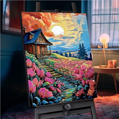 Картина по номерам 40х50 "Цветочный домик" с кристаллами из хрусталя (24 цвета)