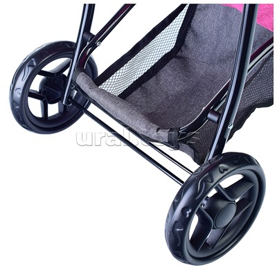 Коляска для кукол, 3-колесная, металлическая, прогулочная, с тентом, с корзиной, цвет ярко-розовый, в пакете