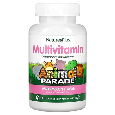 Nature's Plus, Source of Life, Animal Parade, жевательная добавка для детей с мультивитаминами и минералами, натуральный ароматизатор со вкусом арбуза, 180 таблеток в форме животных
