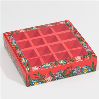 Коробка под 16 конфет с ячейками «Яркий Новый год» 17.5×17.5×3.5 см