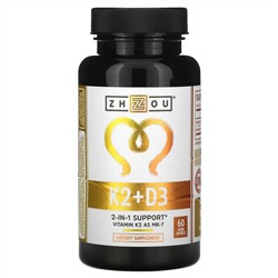 Zhou Nutrition, K2 + D3, поддержка 2-в-1, 60 вегетарианских капсул