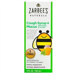 Zarbee's, детский сироп от кашля с отхаркивающим действием, с темным медом и листом плюща, с натуральным вкусом винограда, для детей возрастом 12 месяцев и старше, 118 мл (4 жидк. унции)