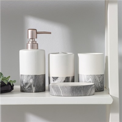 Аксессуары для ванной SAVANNA Stone gray, 4 предмета, дозатор для мыла 390 мл, 2 стакана, мыльница, белые