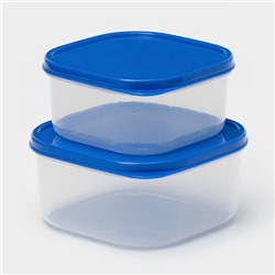Набор контейнеров для хранения еды Доляна, квадратных, 2 шт.: 450 мл, 700 мл, пластик, прозрачные, крышка синяя