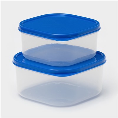 Набор контейнеров для хранения еды Доляна, квадратных, 2 шт.: 450 мл, 700 мл, пластик, прозрачные, крышка синяя