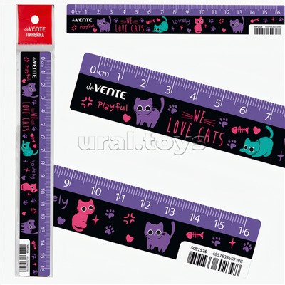 Линейка пластиковая "Funny Cats" 16 см, с дизайном, с индивидуальной маркировкой, с цветным стикером