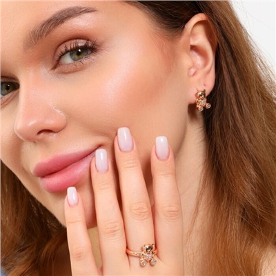 Комплект ювелирная бижутерия коллекция "Дубай" в форме мишки серьги и кольцо 17 р, покрытие: позолота, вставка: цирконы, цвет: прозрачный, арт.213.809-17