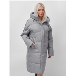 Пальто летучая мышь женское с капюшоном зимнее серого цвета 9619Sr
