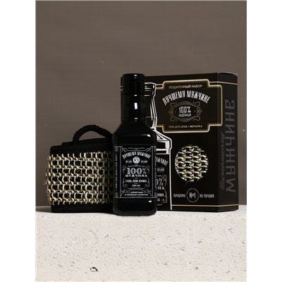 Подарочный набор «Лучшему мужчине», гель для душа во флаконе виски, чёрный и мочалка лента, Чистое счастье