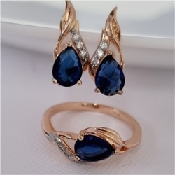 Комплект ювелирной бижутерии коллекция "Дубай" серьги и кольцо 17 р, покрытие позолота, вставка: фианиты, цвет: синий и прозрачный, арт.215.370-17