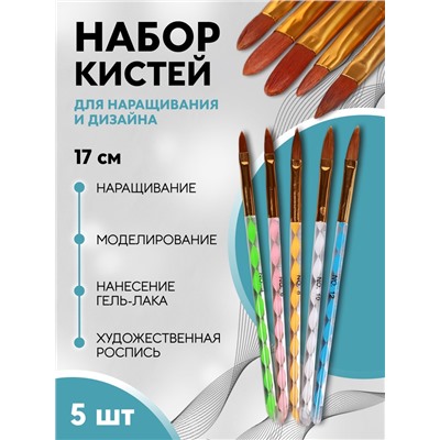 Набор кистей для наращивания и дизайна ногтей «Лепесток», 5 шт., 17 см, №4/6/8/10/12, разноцветный