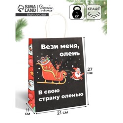 Пакет бумажный подарочный новогодний крафт, «Вези меня», 27×21×11 см