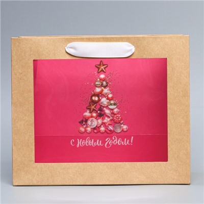 Пакет подарочный новогодний крафтовый с пластиковым окном «С Новым годом», 24×20×11 см