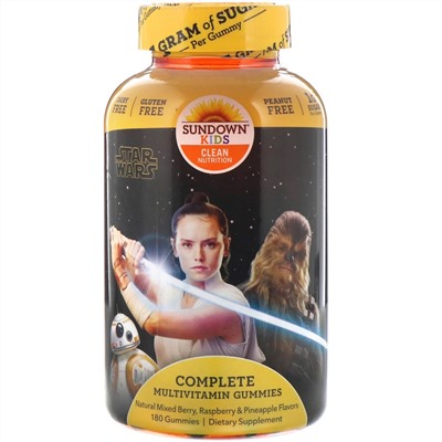 Sundown Naturals Kids, полноценный мультивитаминный комплекс в жевательных таблетках, «Дисней: Звездные войны», натуральное ягодное ассорти, малина и ананас, 180 жевательных таблеток
