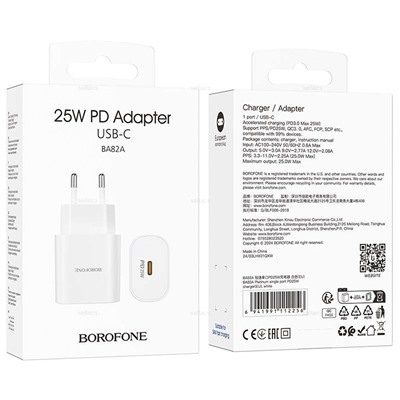 Адаптер Сетевой Borofone BA82A Platinum PD Type-C 3A/25W (white)