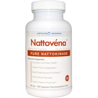 Arthur Andrew Medical, Nattovena, очищенная наттокиназа, 200 мг, 180 капсул