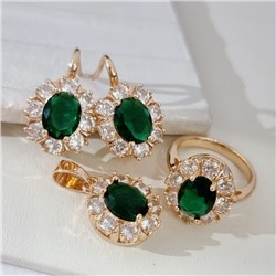 Комплект ювелирной бижутерии коллекция "Дубай" серьги, кулон и кольцо 18 р, покрытие позолота, вставка: фианиты, цвет: зеленый и прозрачный, арт.414.186-18