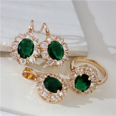 Комплект ювелирной бижутерии коллекция "Дубай" серьги, кулон и кольцо 20 р, покрытие позолота, вставка: фианиты, цвет: зеленый и прозрачный, арт.414.186-20