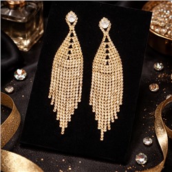 Серьги длинные женские вечерние со стразами, цвет: золотистый и прозрачный, арт.012.049