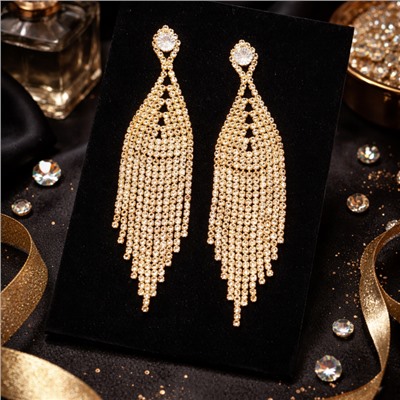 Серьги длинные женские вечерние со стразами, цвет: золотистый и прозрачный, арт.012.049