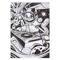 Макси-раскраска на чёрном фоне. Коты в космосе.