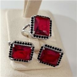 Комплект ювелирной бижутерии коллекция "Дубай" серьги и кольцо 18 р покрытие посеребрение, вставка: стекло и цирконы, цвет: рубиновый и черный, арт.215.539-18