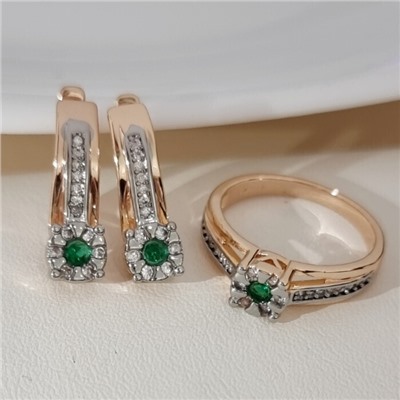 Комплект ювелирной бижутерии коллекция "Дубай" серьги и кольцо 18 р, покрытие позолота, вставка: фианиты и цирконы, цвет: зеленый и прозрачный, арт.215.694-18