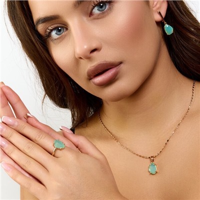 Комплект ювелирной бижутерии коллекция "Дубай" серьги, кулон и кольцо 19 р, покрытие позолота, вставка: стекло, цвет: фисташковый, арт.414.327-19